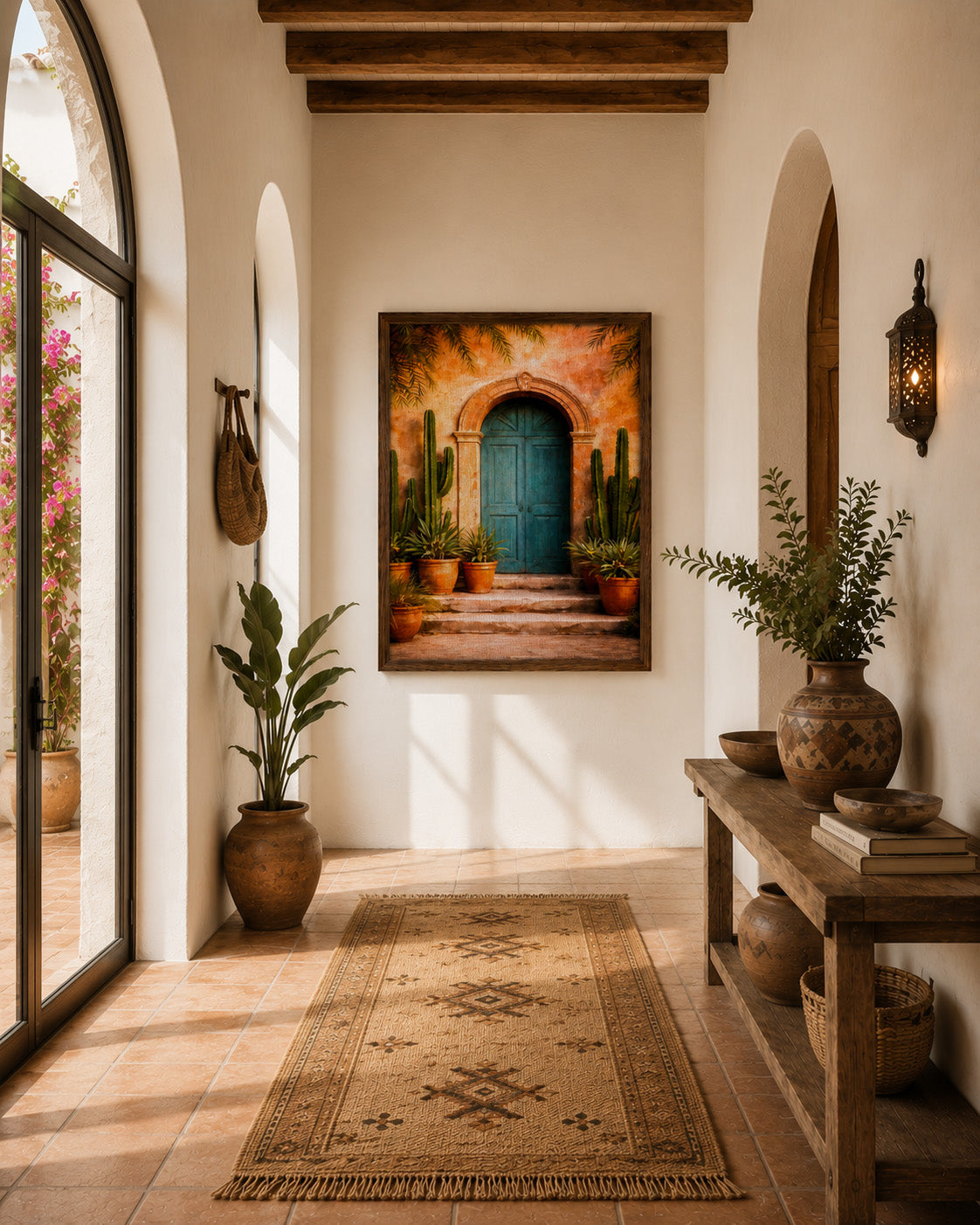 Mexican turquoise door framed canvas displayed in a sunlit Mediterranean hallway