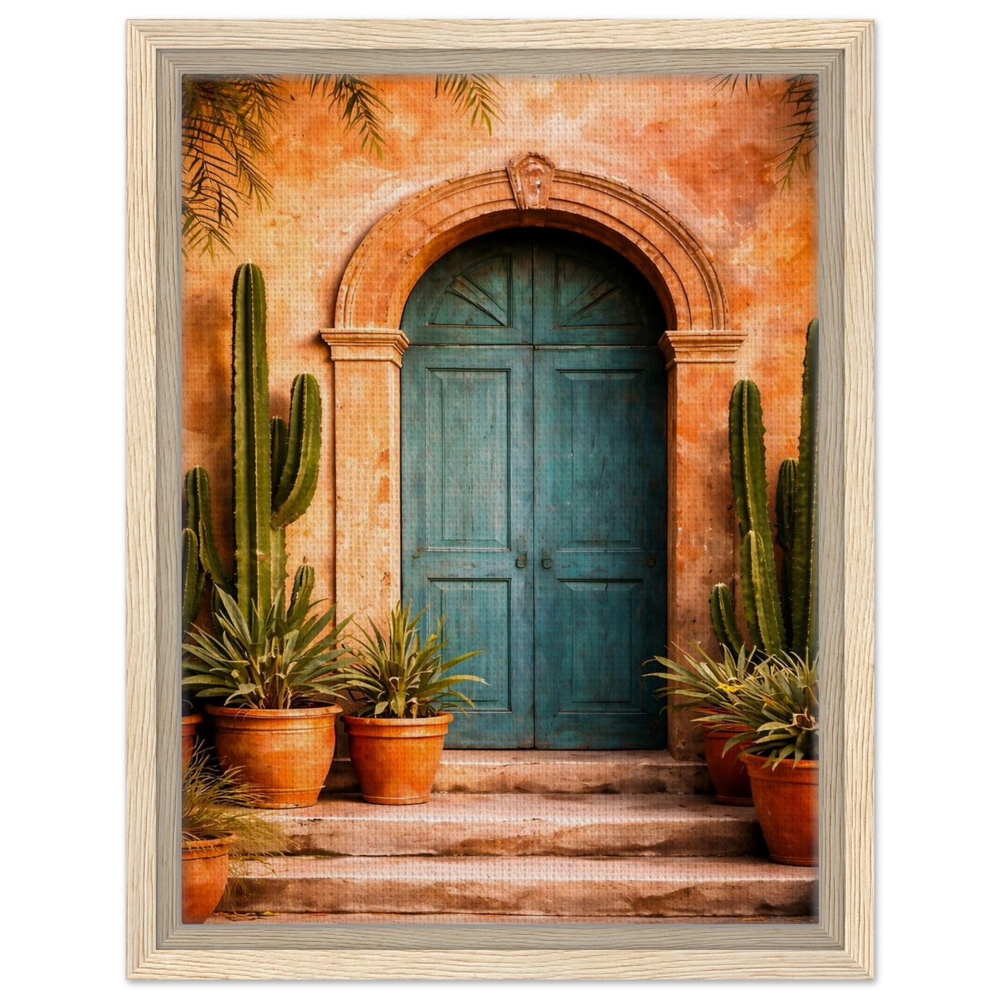 Mexican turquoise door framed canvas with a light natural wood frame