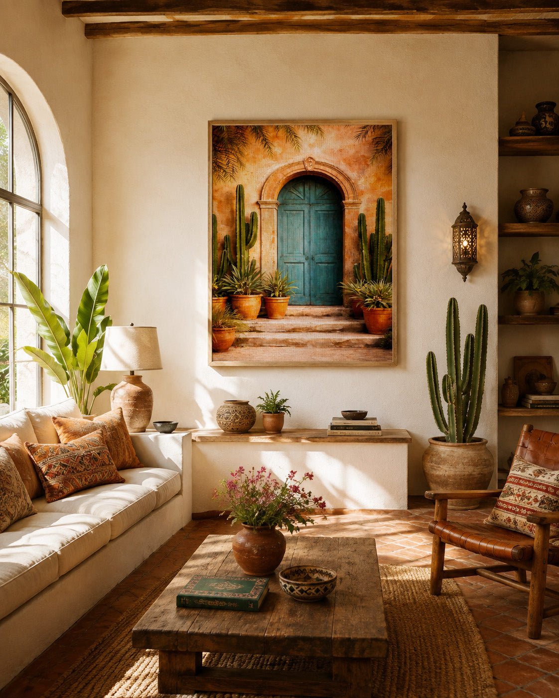 Mexican turquoise door framed canvas displayed in a warm modern living room