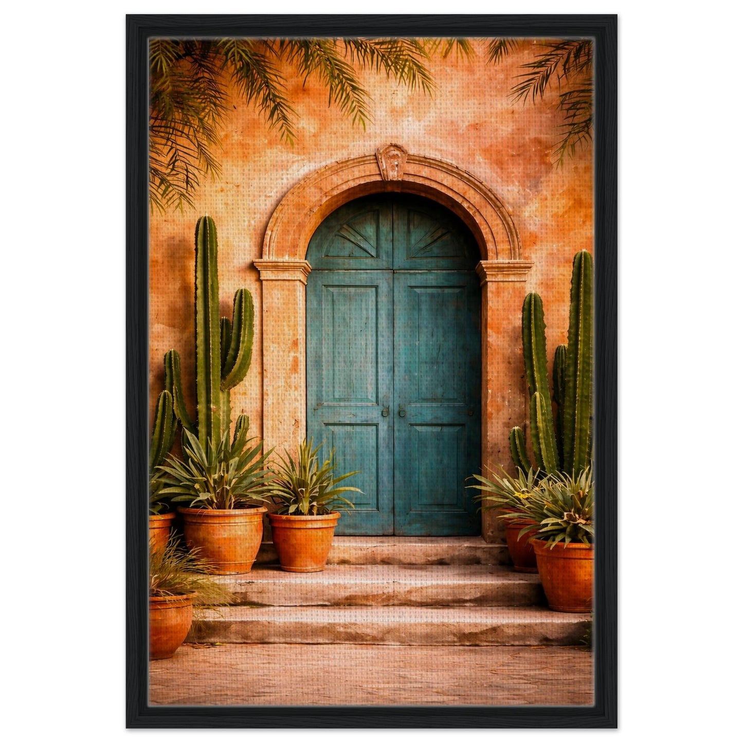 Mexican turquoise door wall art in a matte black framed canvas
