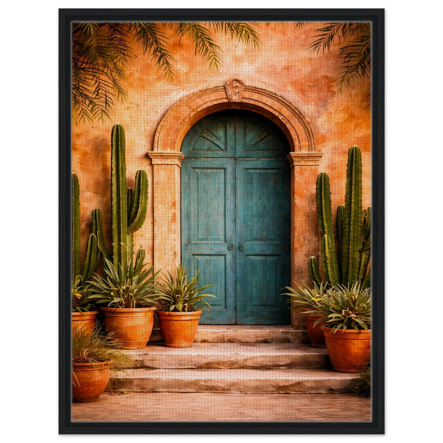 Mexican turquoise door framed canvas with a modern slim black frame