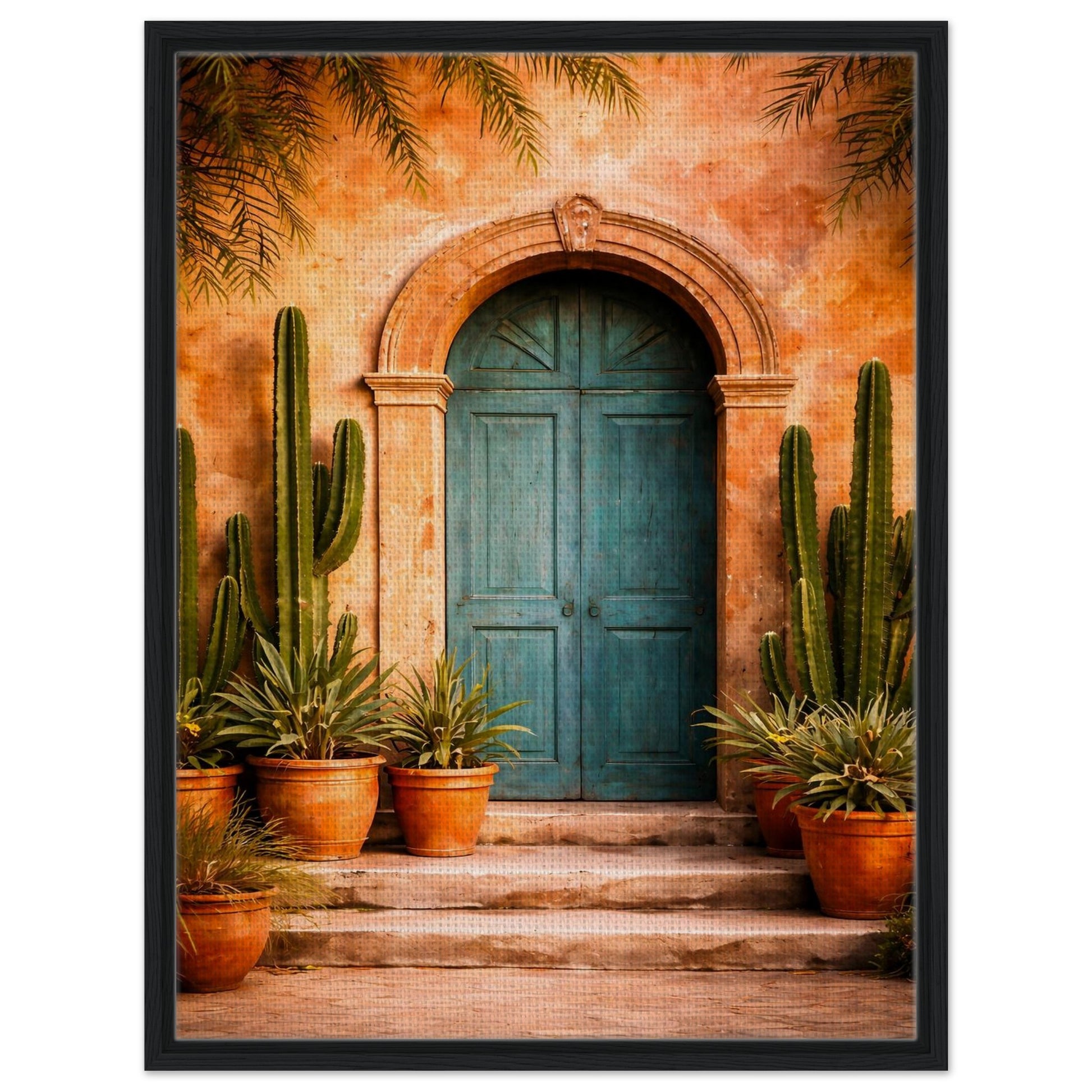Mexican turquoise door framed canvas with a modern slim black frame