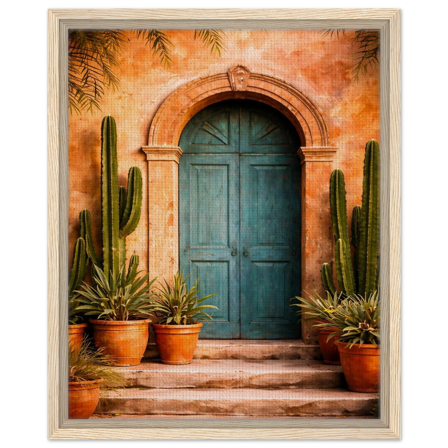 Mexican turquoise door canvas print with a natural wood frame