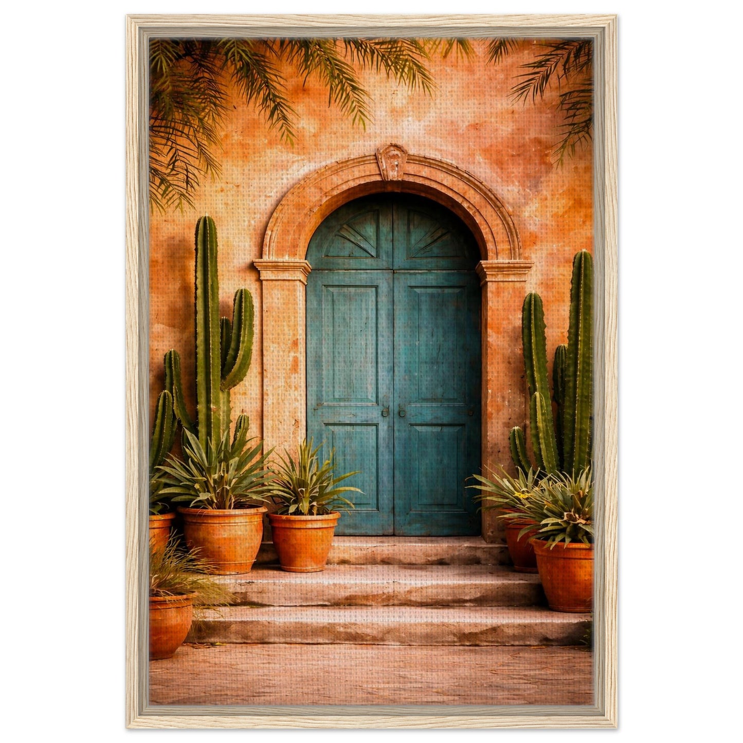 Mexican turquoise door canvas wall art with a light oak frame