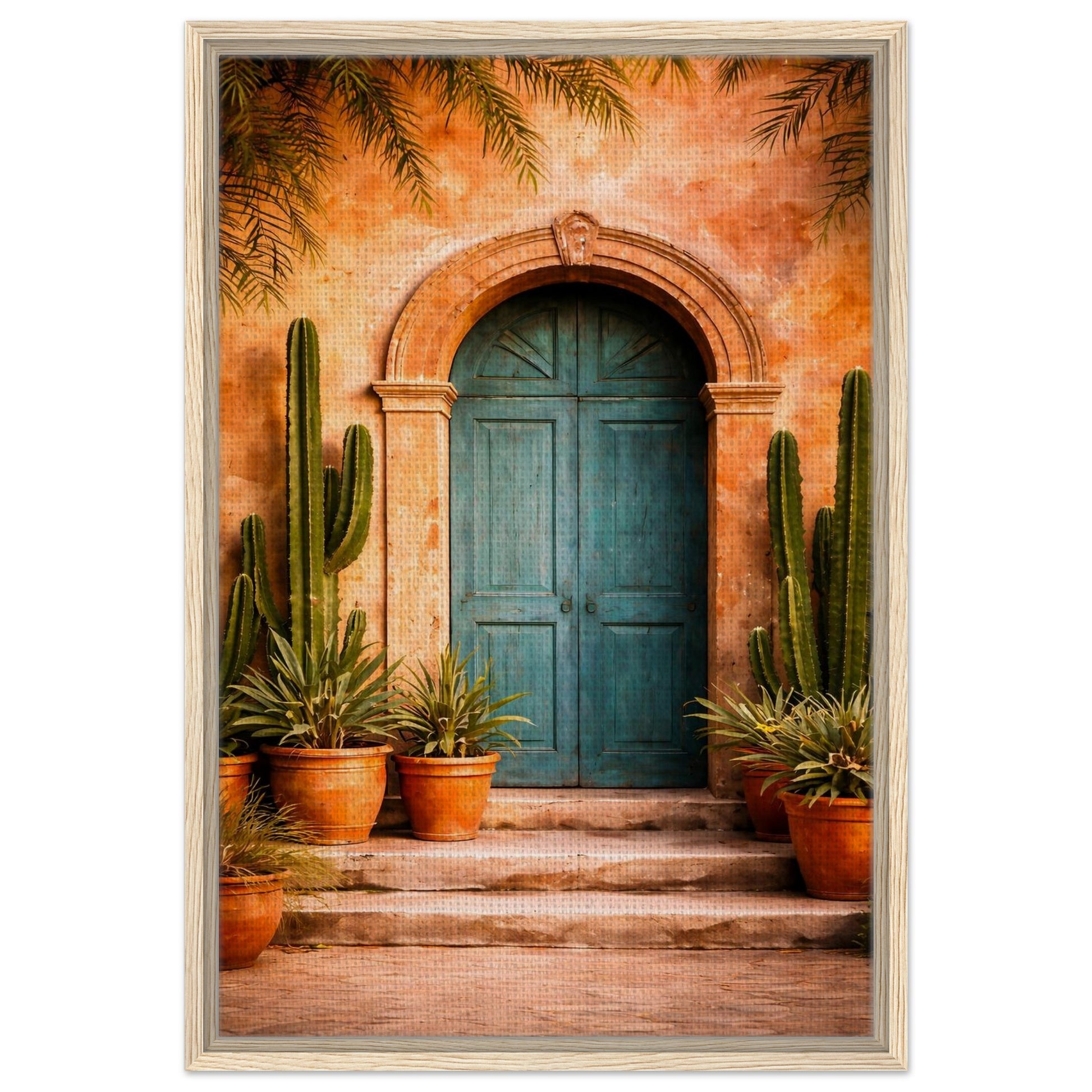 Mexican turquoise door canvas wall art with a light oak frame