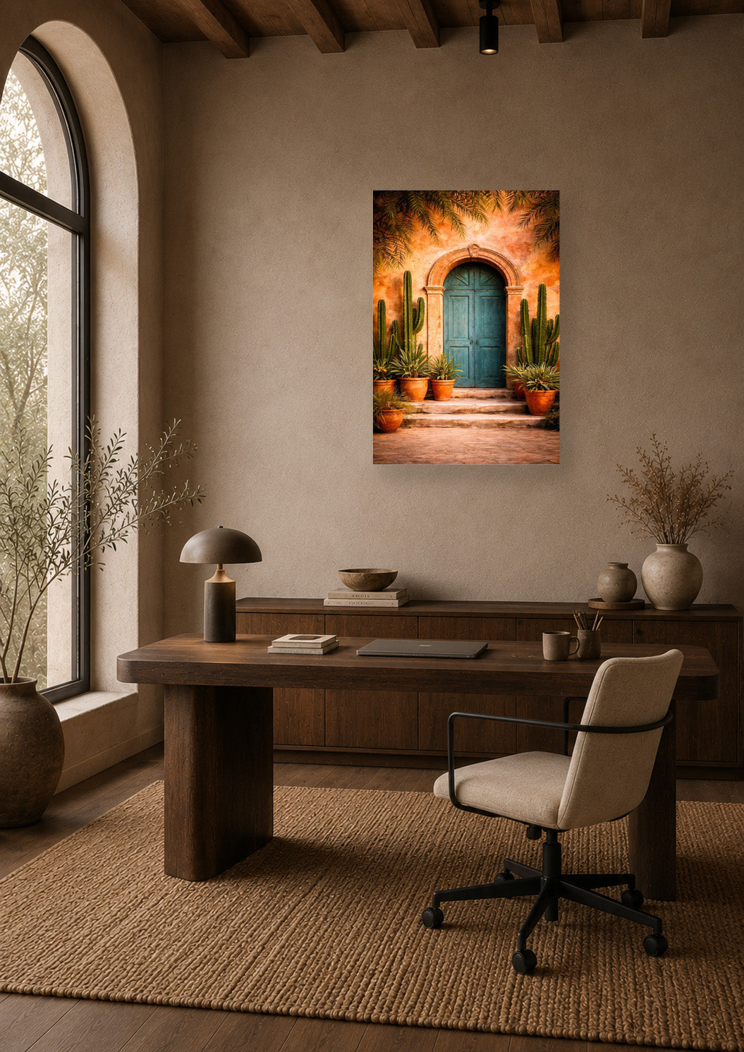 Warm Mexican inspired home office with rustic wooden desk and realistic turquoise door canvas wall art print.