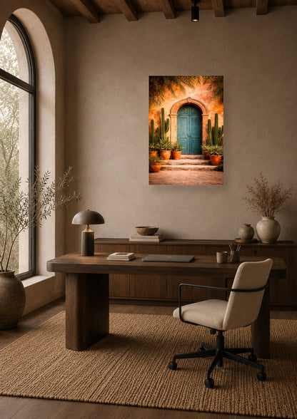 Warm Mexican inspired home office with rustic wooden desk and realistic turquoise door canvas wall art print.