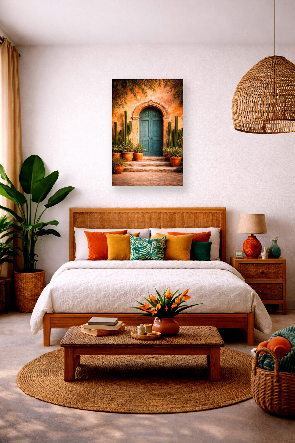 Mexican style bedroom interior with terracotta accents, woven decor and realistic cactus door canvas wall art above bed.