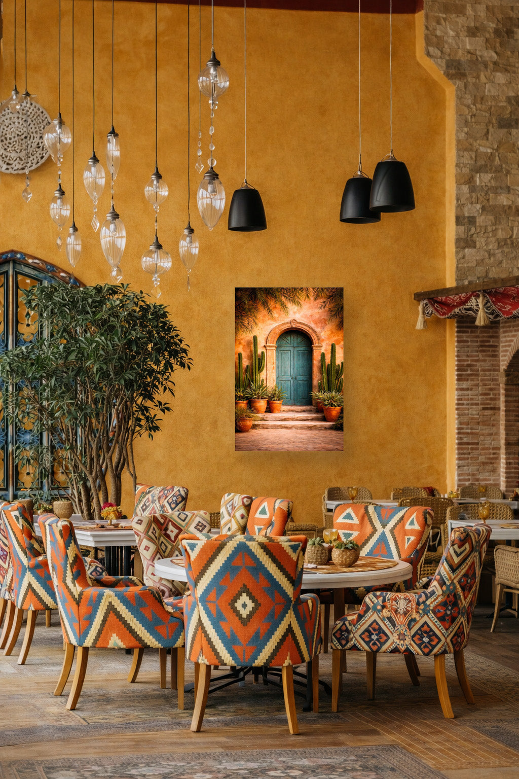 Mexican restaurant interior mockup with colorful patterned chairs, terracotta walls and realistic cactus door canvas wall art.