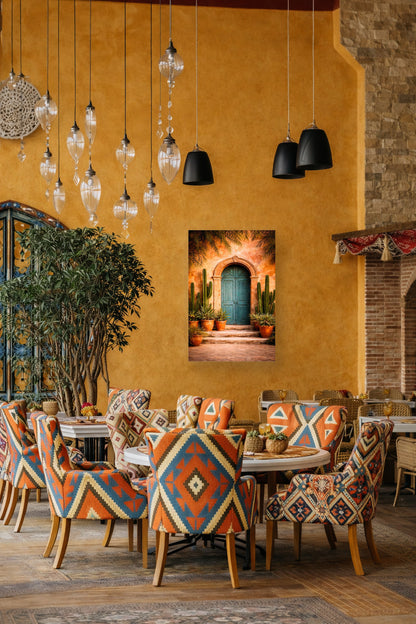 Mexican restaurant interior mockup with colorful patterned chairs, terracotta walls and realistic cactus door canvas wall art.