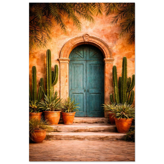 Mexico Colors warm architectural wall art poster with turquoise wooden doors in a terracotta stone archway and cacti