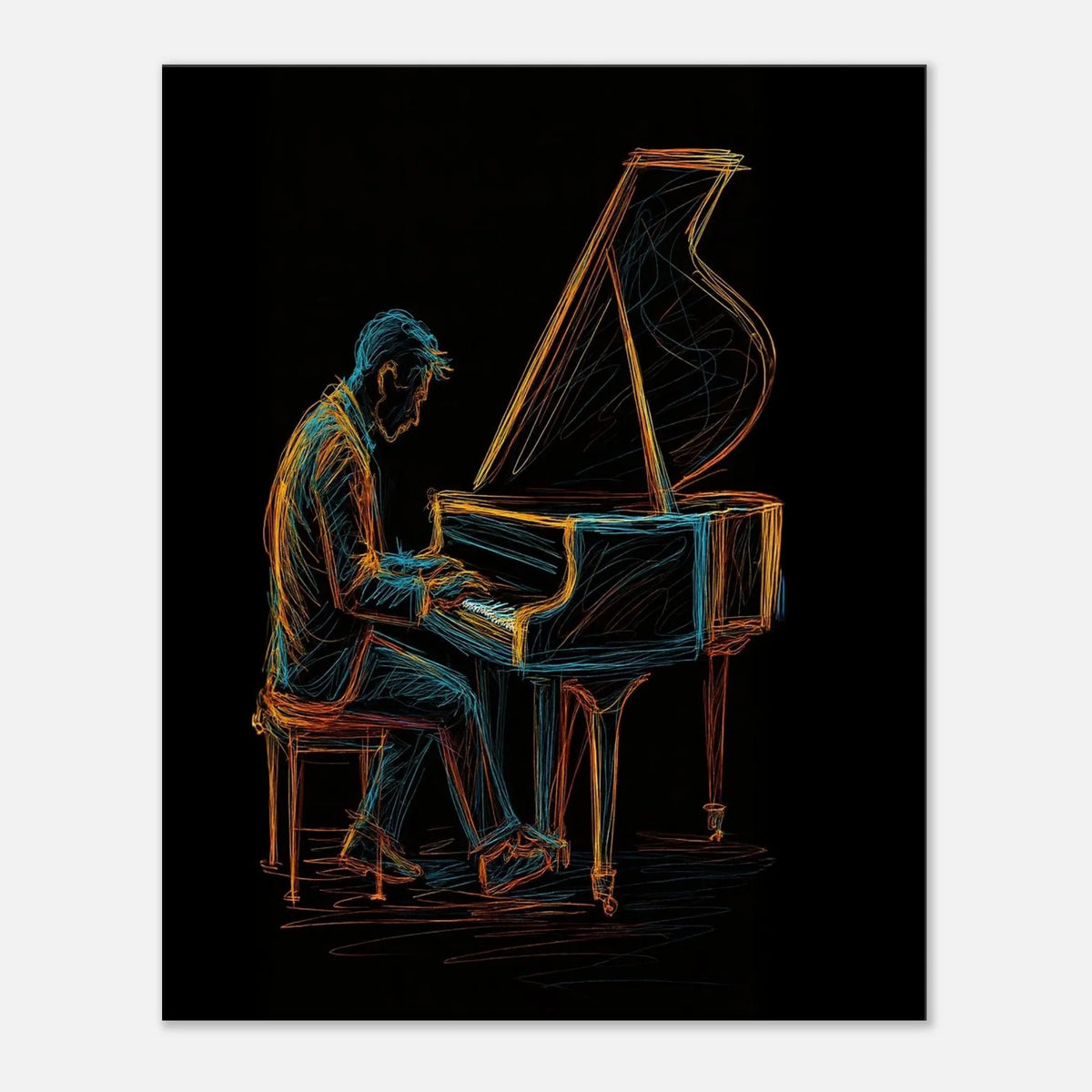 Midnight Melody abstract piano canvas wall art, a pianist and grand piano drawn in glowing blue and orange lines on black.