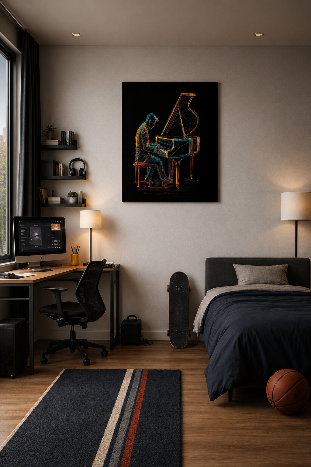 Midnight Melody piano canvas above a desk in a modern bedroom with a dark bed, shelving and warm bedside lighting.