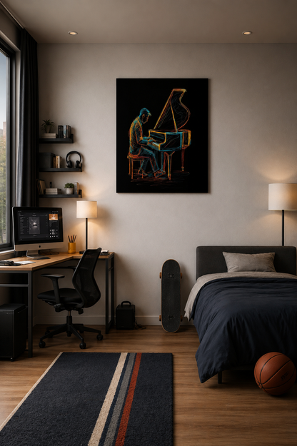 Midnight Melody piano canvas above a desk in a modern bedroom with a dark bed, shelving and warm bedside lighting.