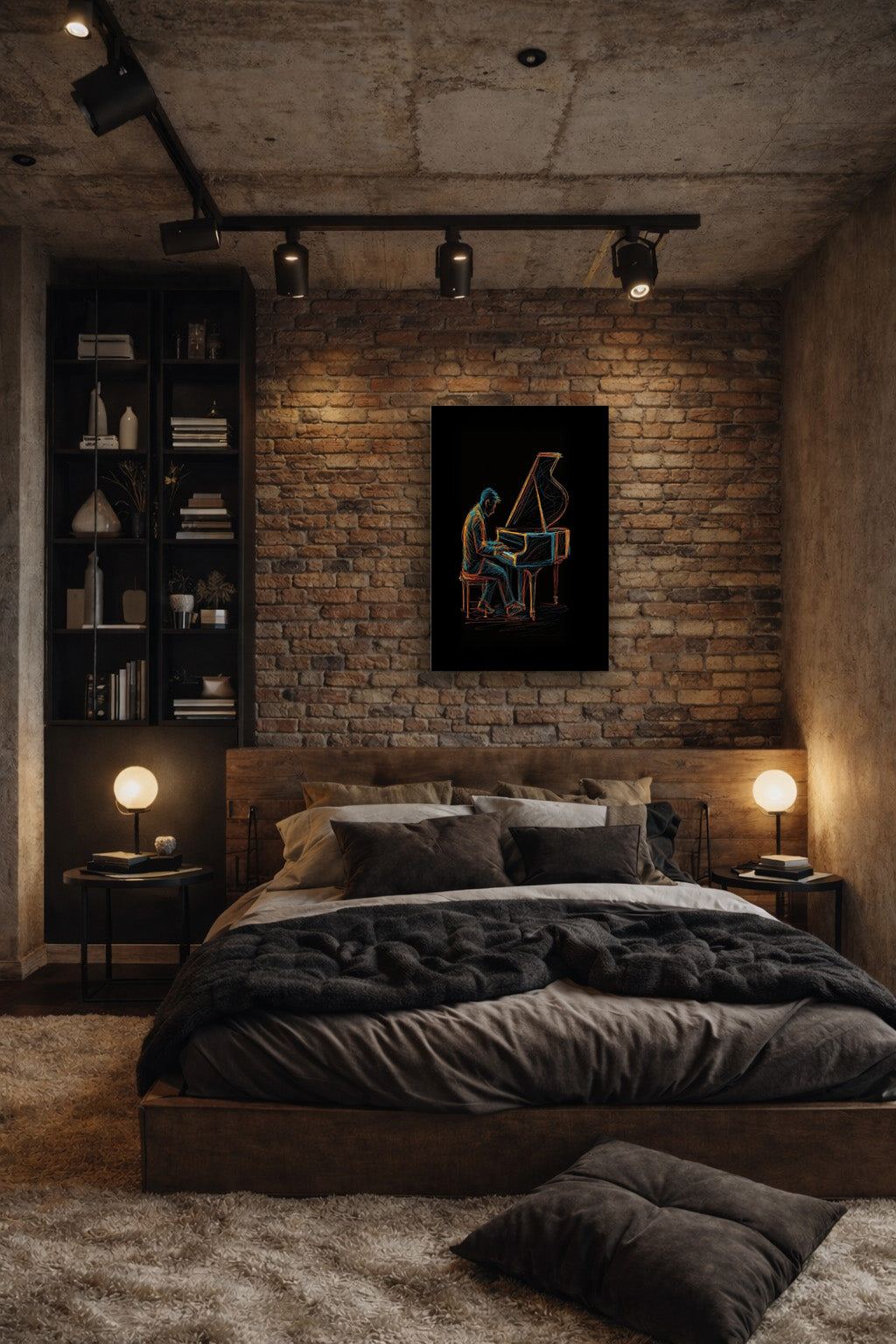 Midnight Melody abstract piano poster hanging above a loft-style bed with dark tones, exposed brick walls and soft bedside lighting.