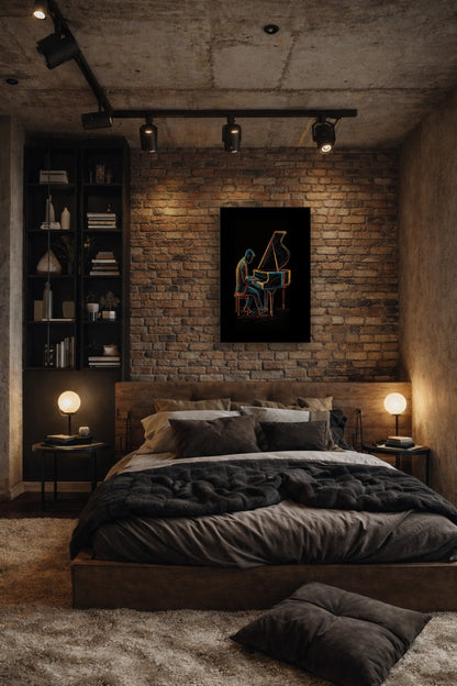 Midnight Melody abstract piano poster hanging above a loft-style bed with dark tones, exposed brick walls and soft bedside lighting.
