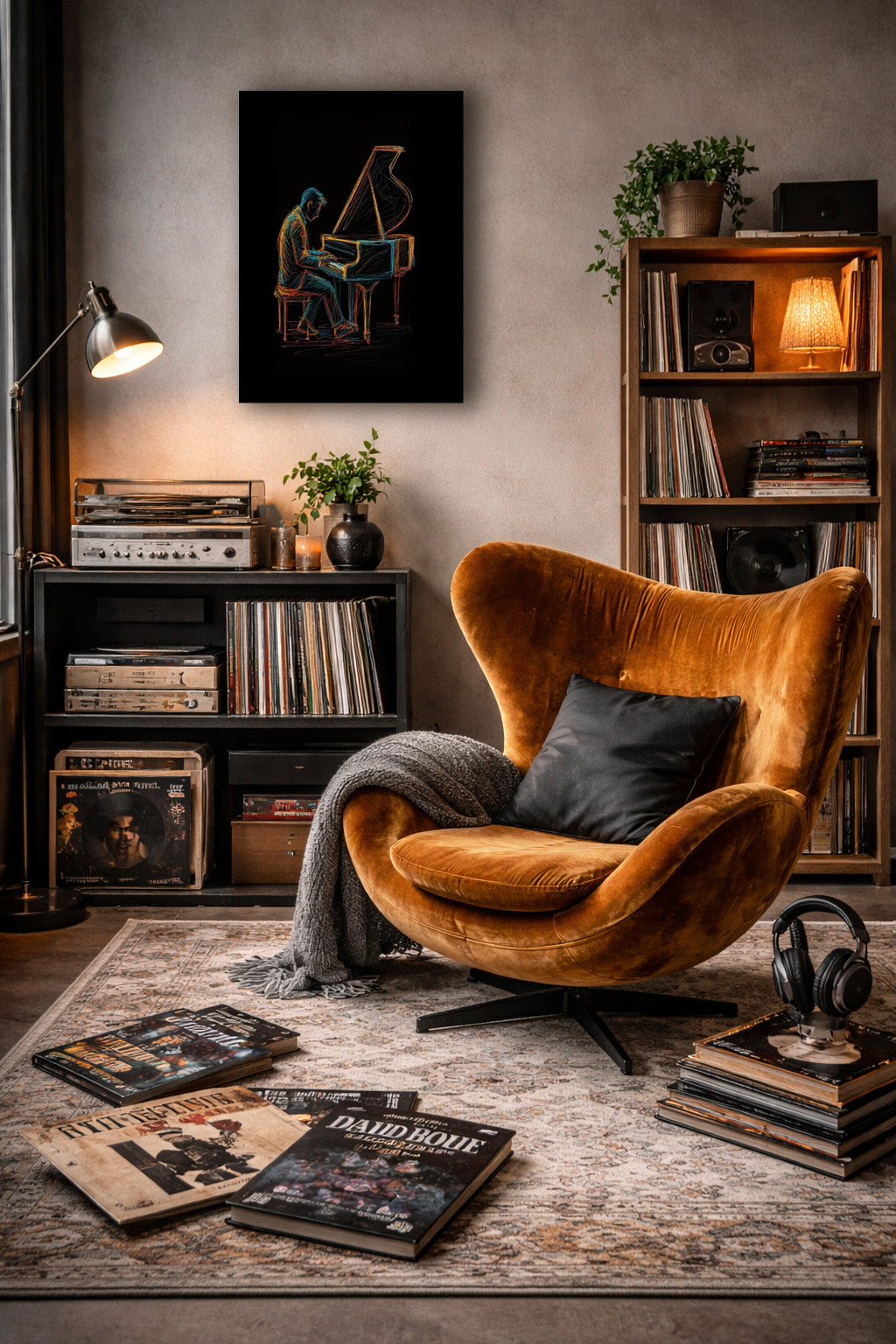 Midnight Melody abstract piano poster displayed above a mustard lounge chair in a reading corner with bookshelves and warm ambient lighting.