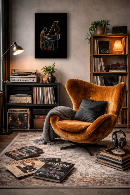 Midnight Melody abstract piano poster displayed above a mustard lounge chair in a reading corner with bookshelves and warm ambient lighting.