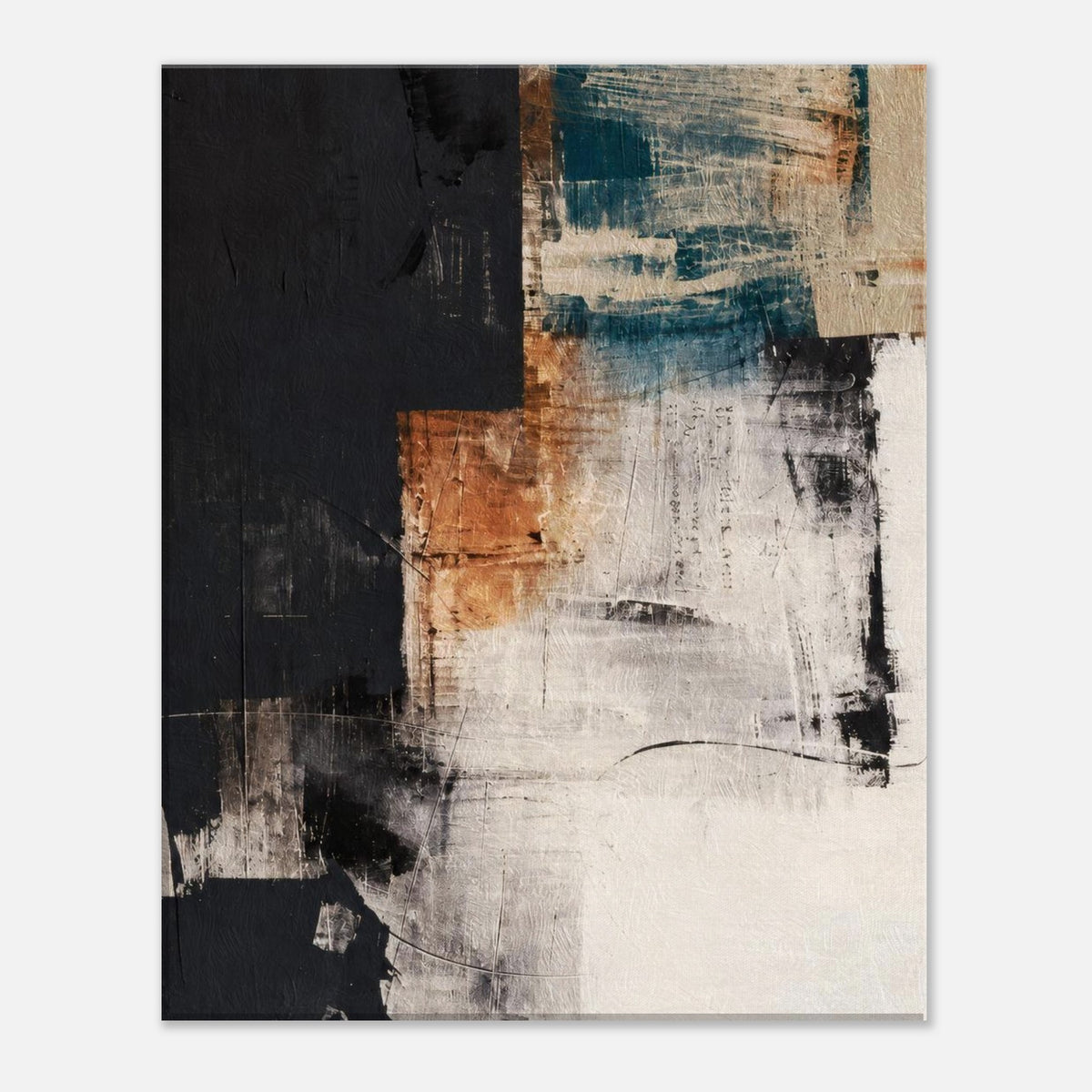 Modern abstract canvas wall art in teal, terracotta, black and cream with a weathered mineral finish