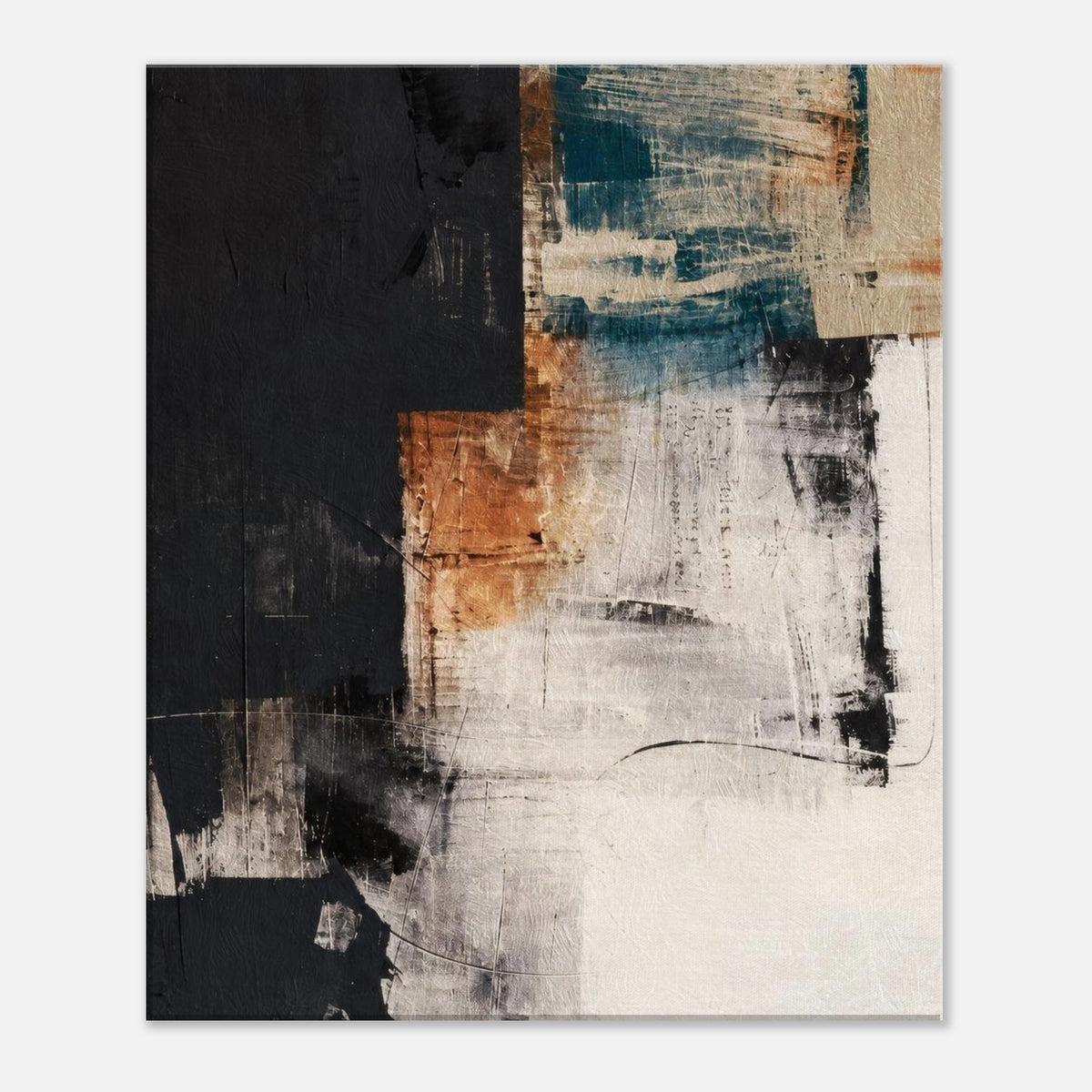 Front view of teal and terracotta abstract canvas print with layered black and cream brushwork