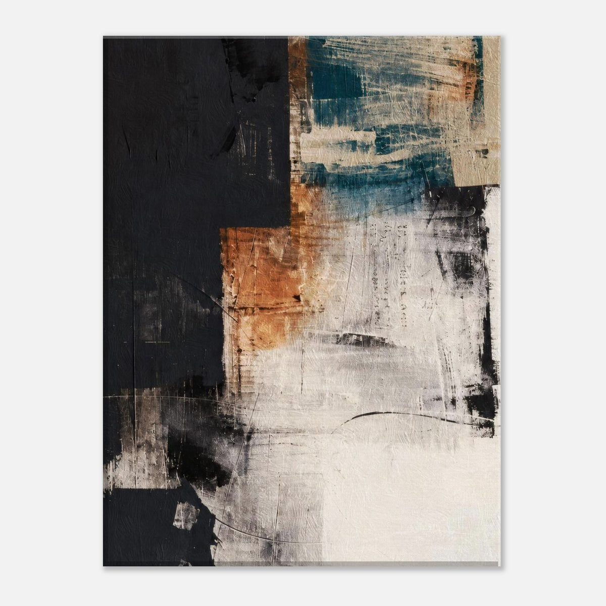 Teal and terracotta abstract canvas showing rust, petrol blue and near-black paint layers on a cream ground
