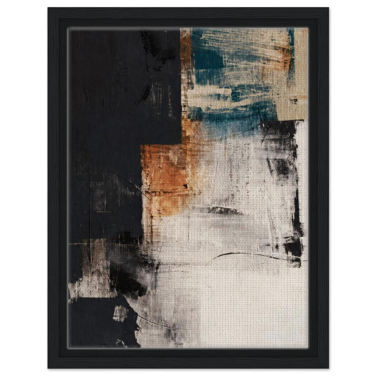 Teal and terracotta abstract canvas in a black frame with layered brushstrokes on cream