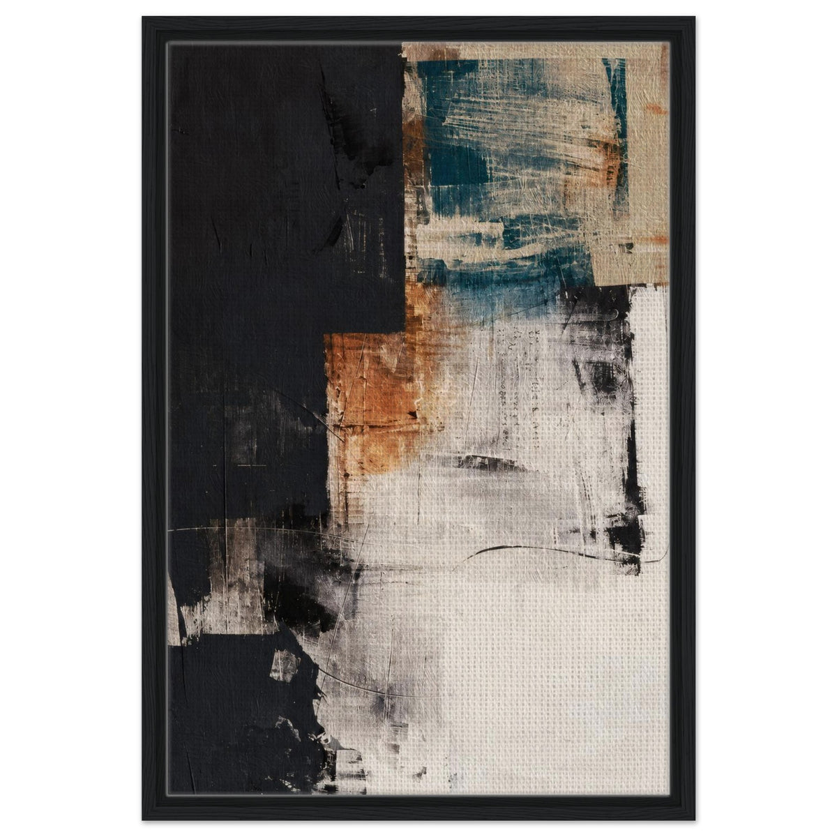 Black framed abstract canvas with petrol blue, rust and near-black paint layers