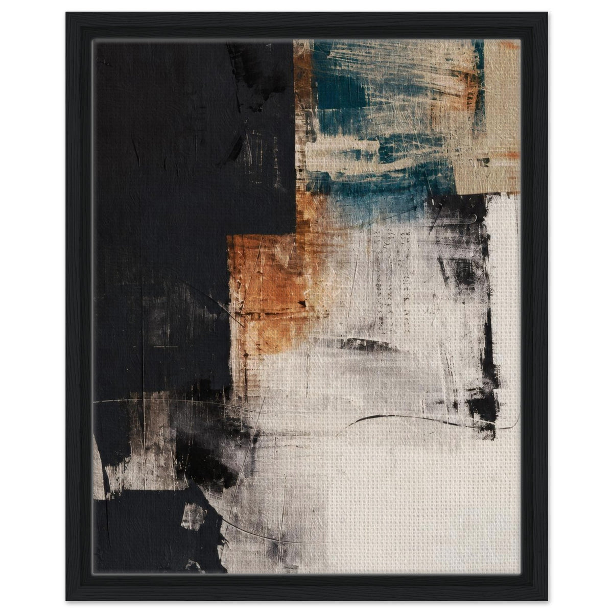 Modern abstract framed canvas in teal and terracotta with a black frame, front view