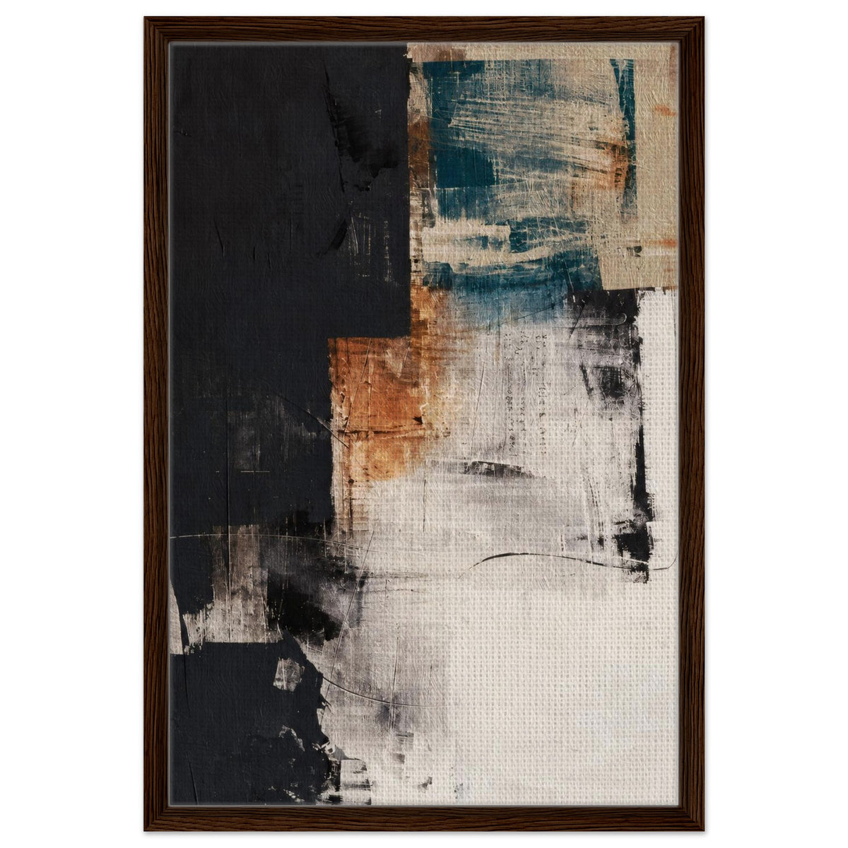Dark wood framed abstract canvas in teal, terracotta, black and cream