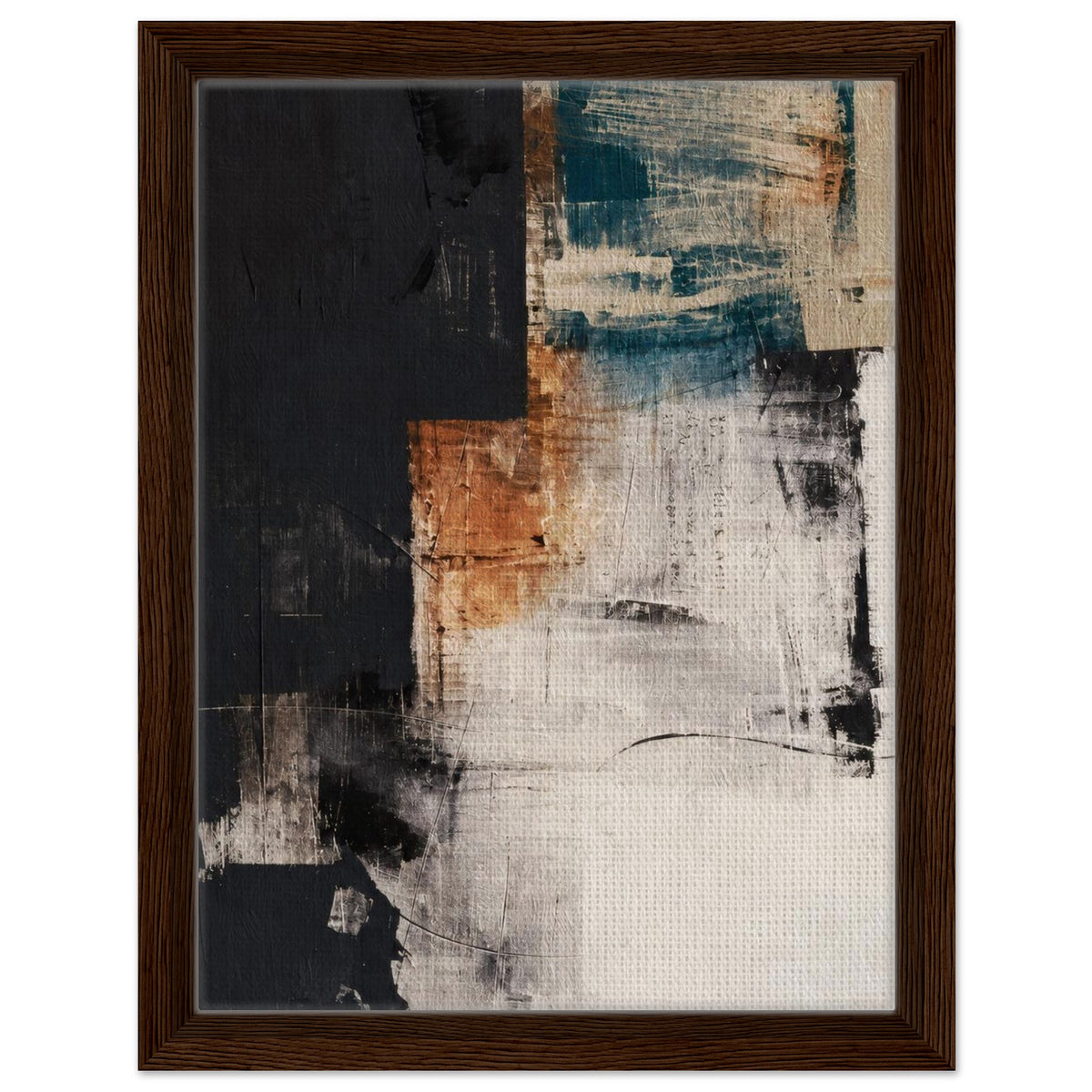 Dark walnut framed abstract canvas with layered teal and terracotta brushwork