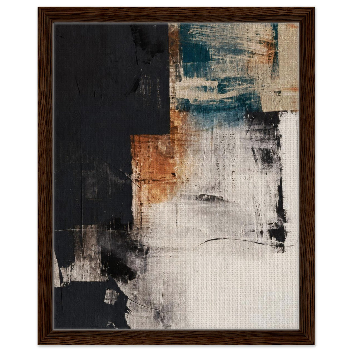 Teal and terracotta abstract canvas in a dark walnut wood frame