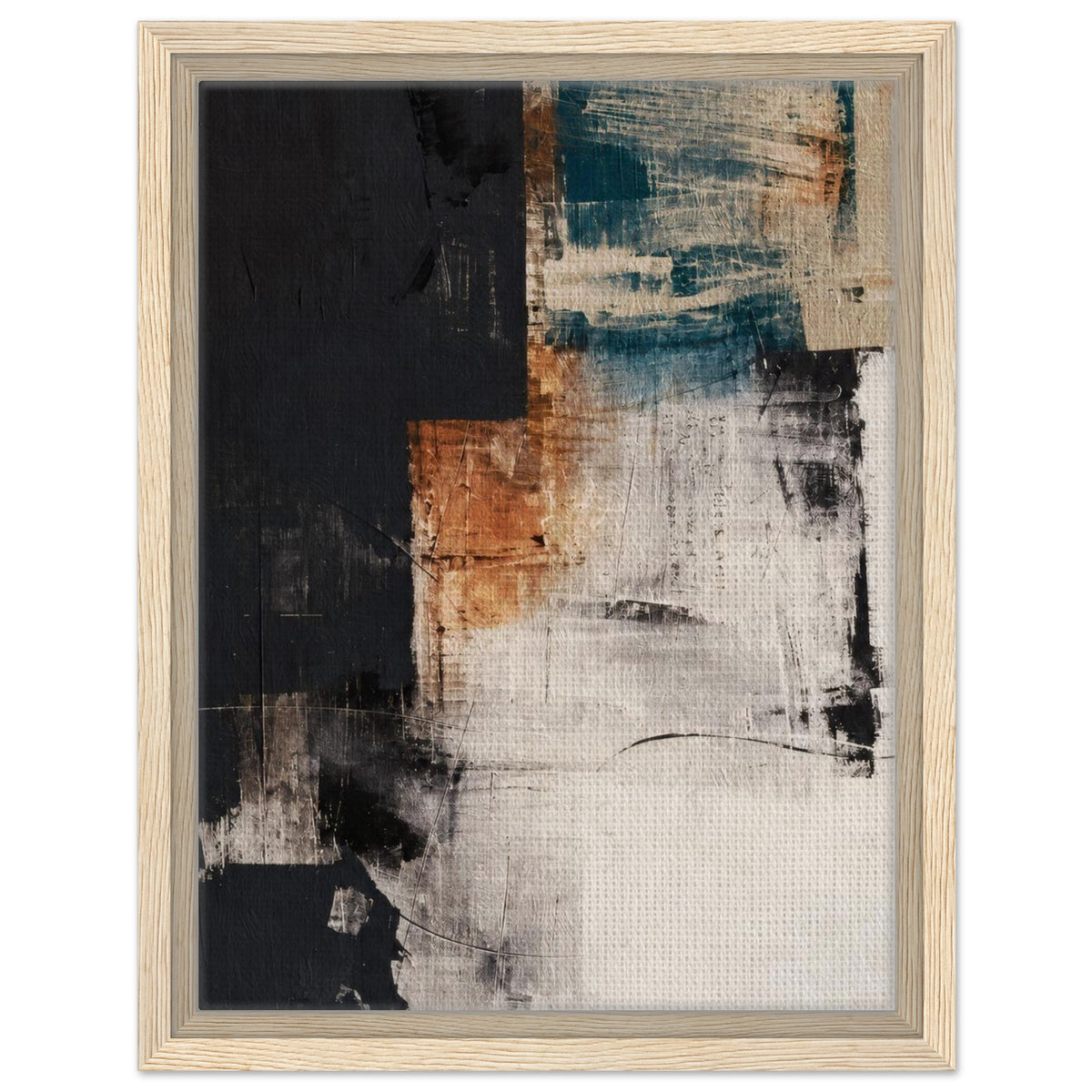 Teal and terracotta abstract canvas in a light natural wood frame, front view