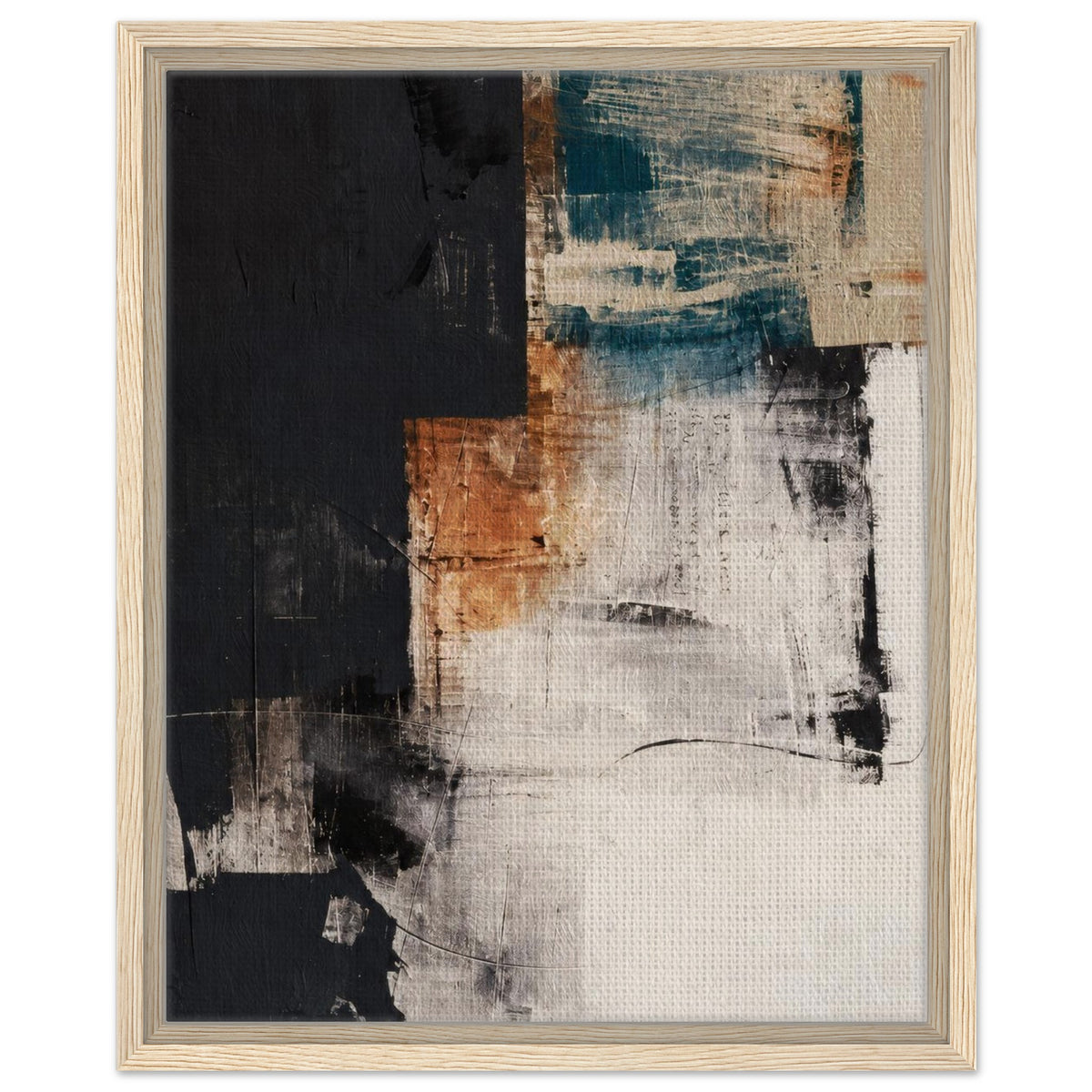 Natural wood framed abstract canvas with weathered teal and terracotta texture