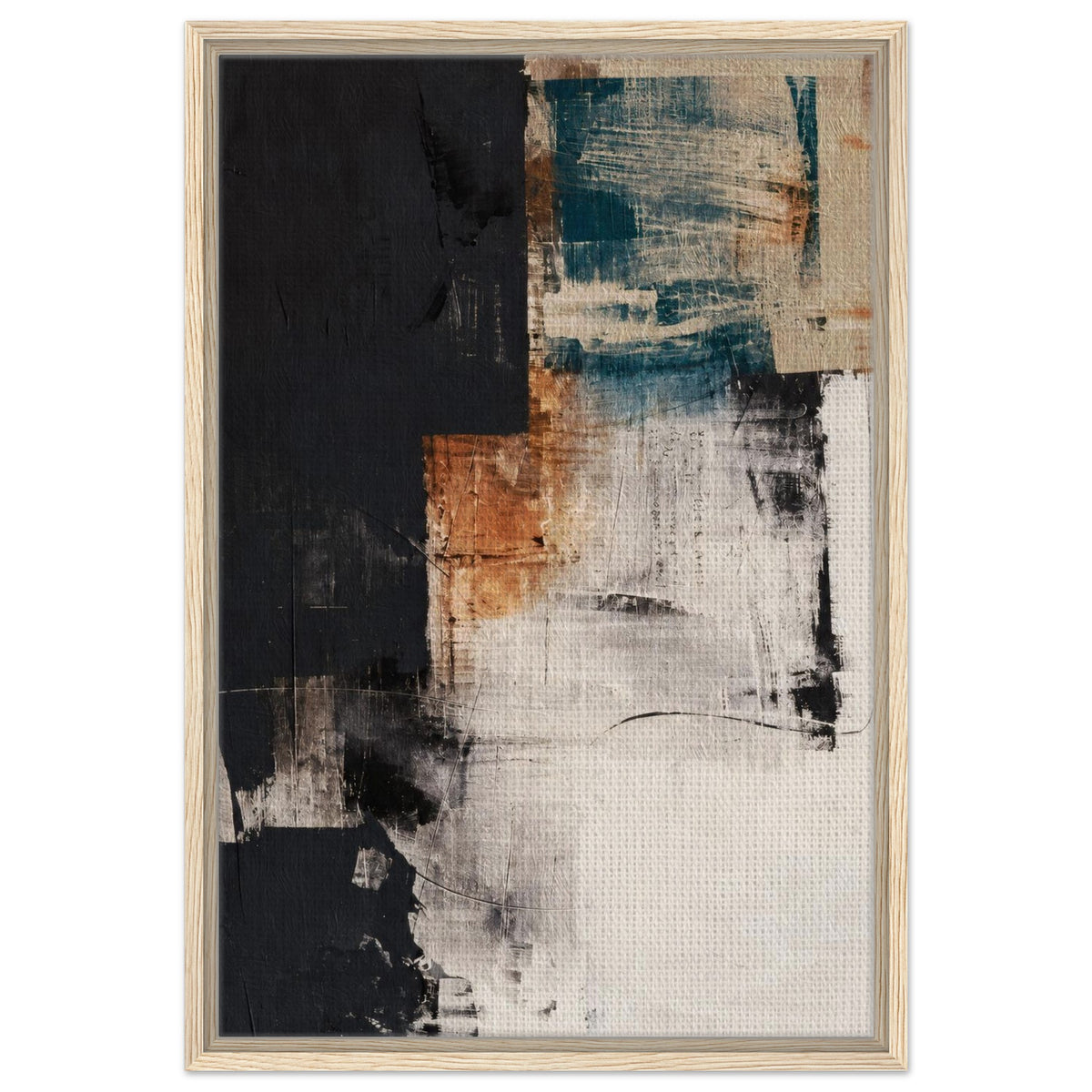 Light wood framed abstract canvas in black, cream, teal and rust tones