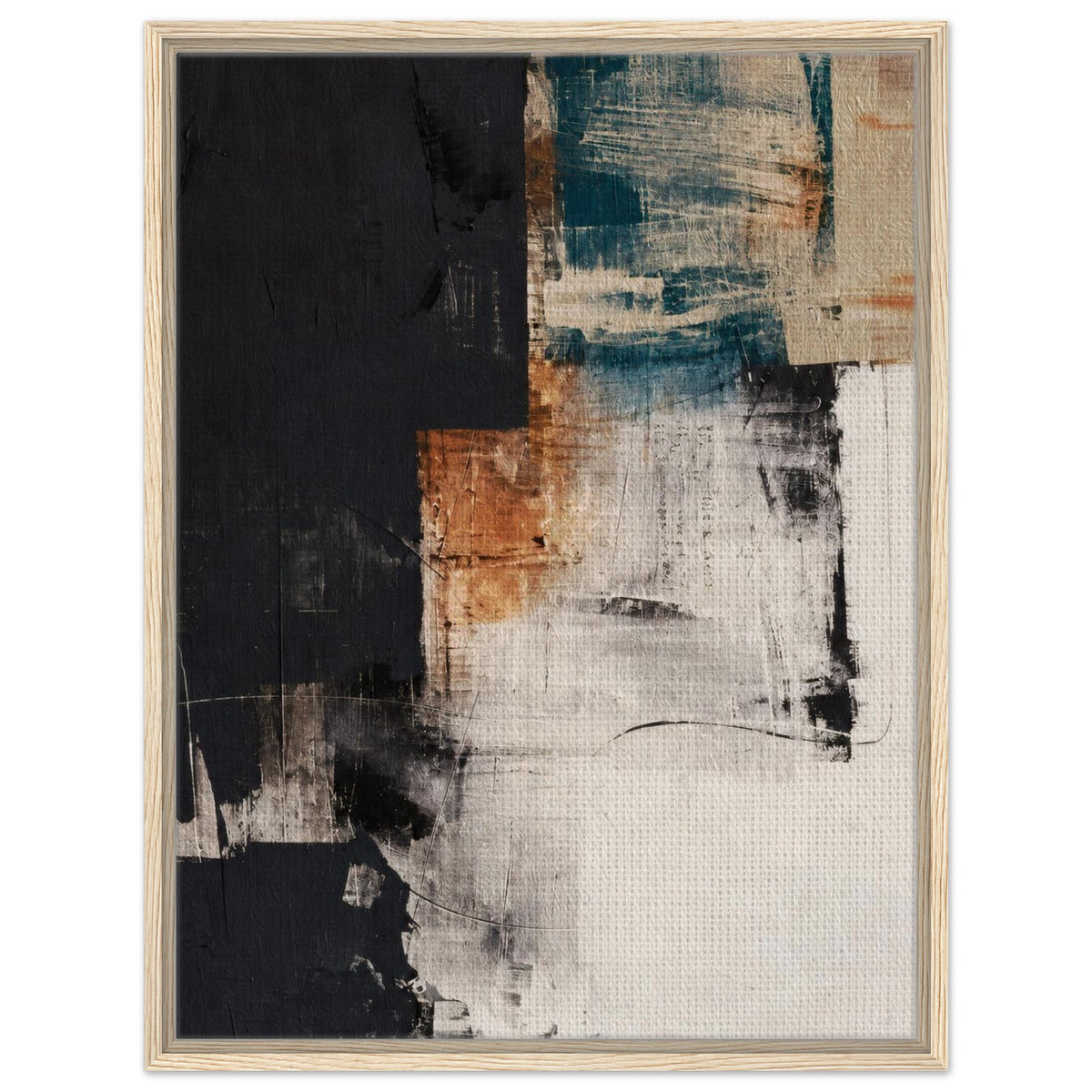 Teal and terracotta abstract framed canvas in a natural wood floating frame
