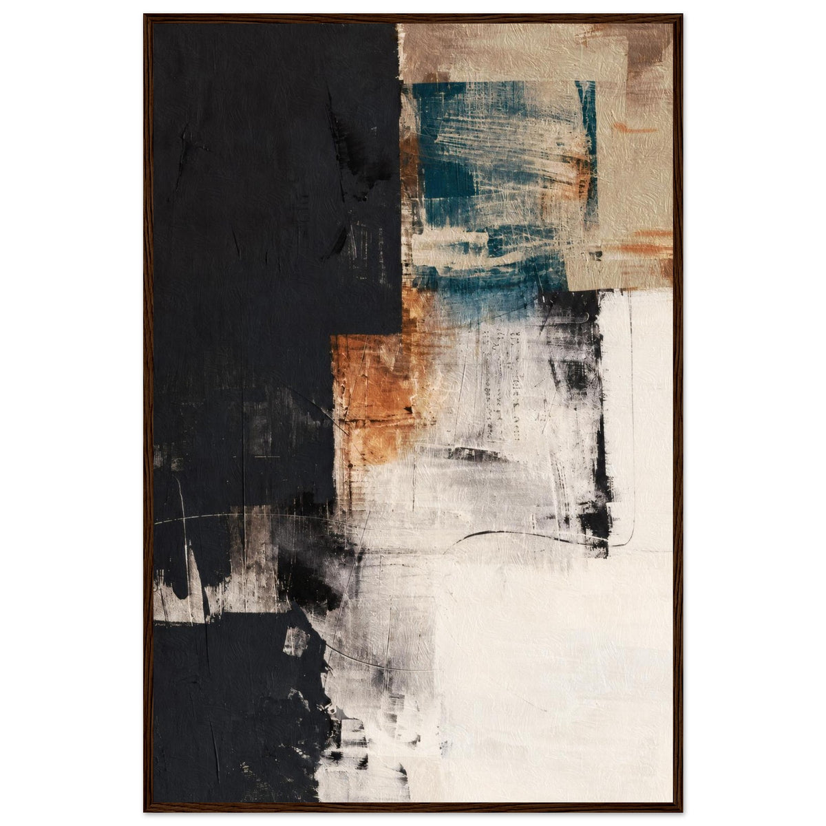 Teal and terracotta framed abstract print in a dark wood frame