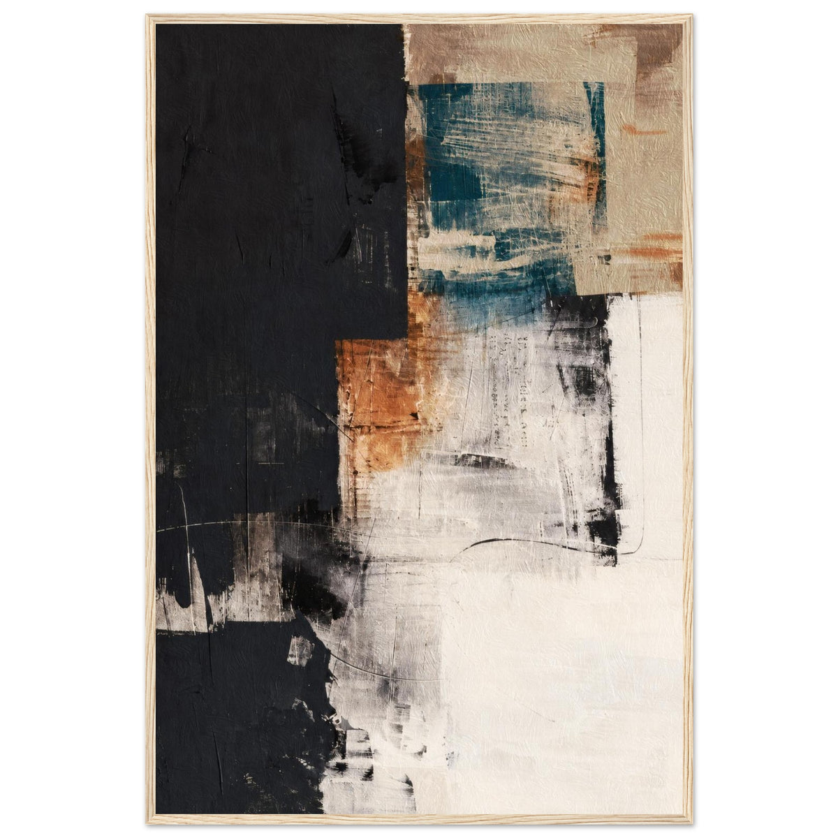 Teal and terracotta framed abstract print in a natural wood frame
