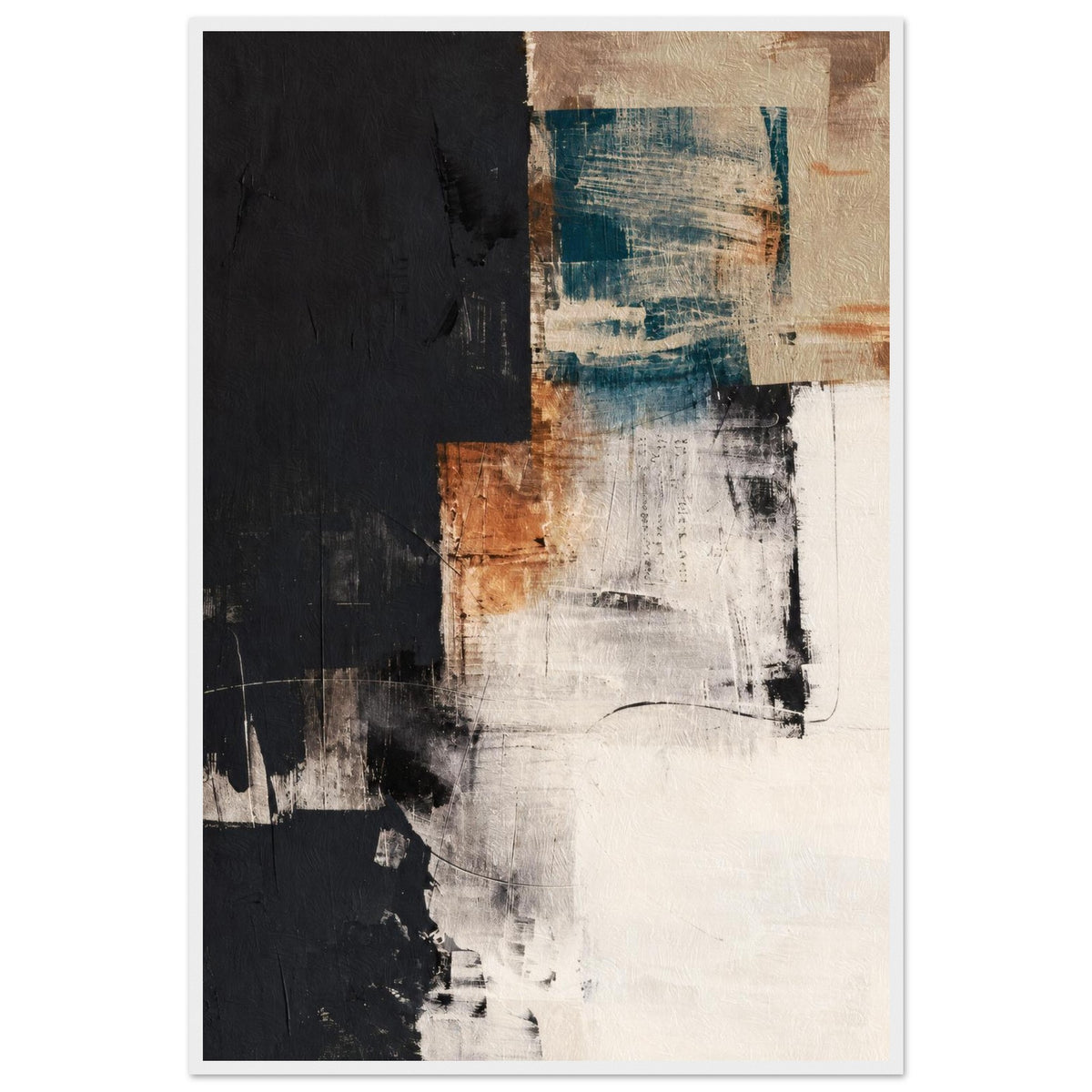 Teal and terracotta framed abstract print in a white frame