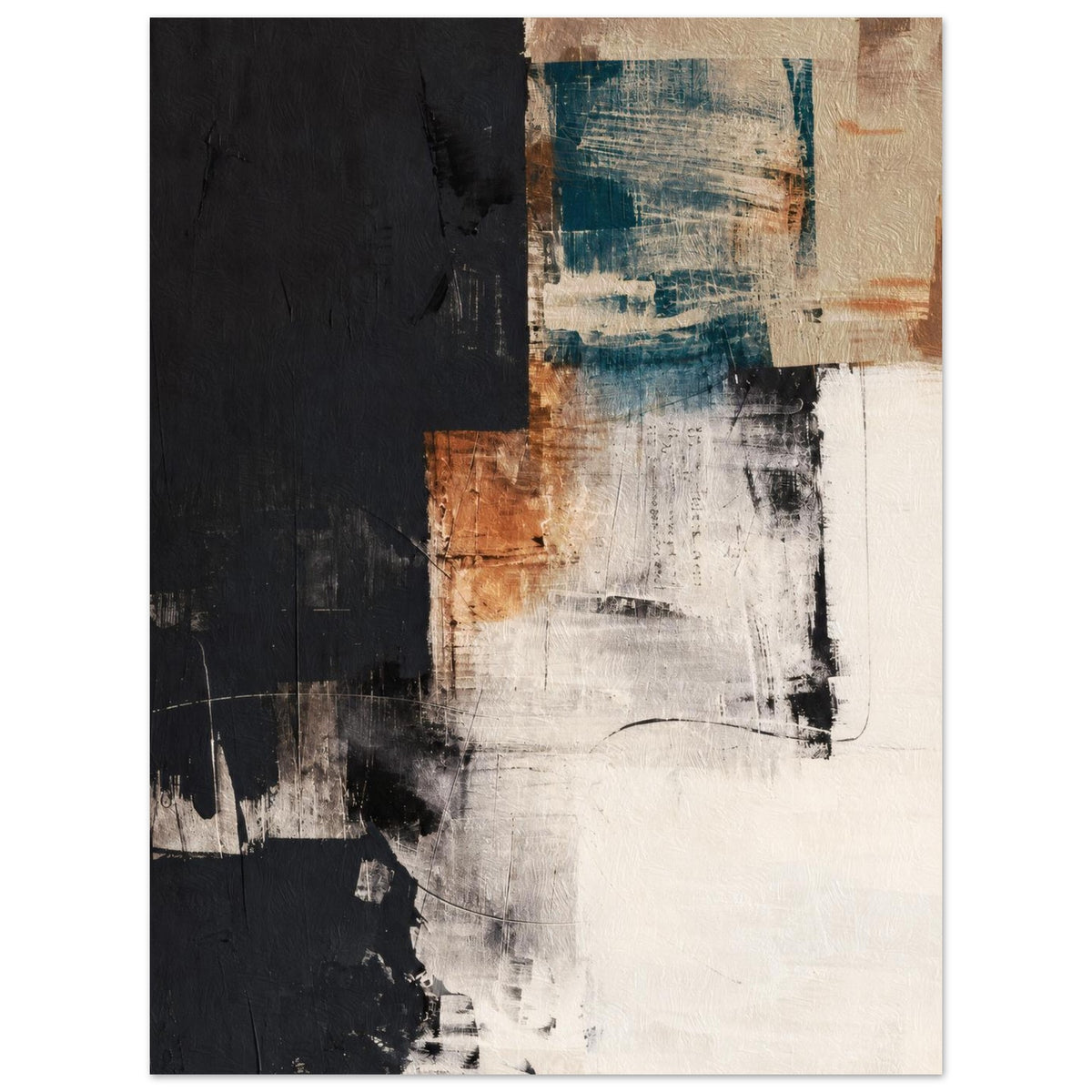 Abstract art poster with petrol blue, rust and near-black layers on a cream ground
