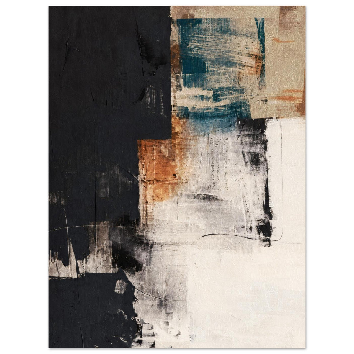 Unframed teal and terracotta abstract poster on matte paper, front view