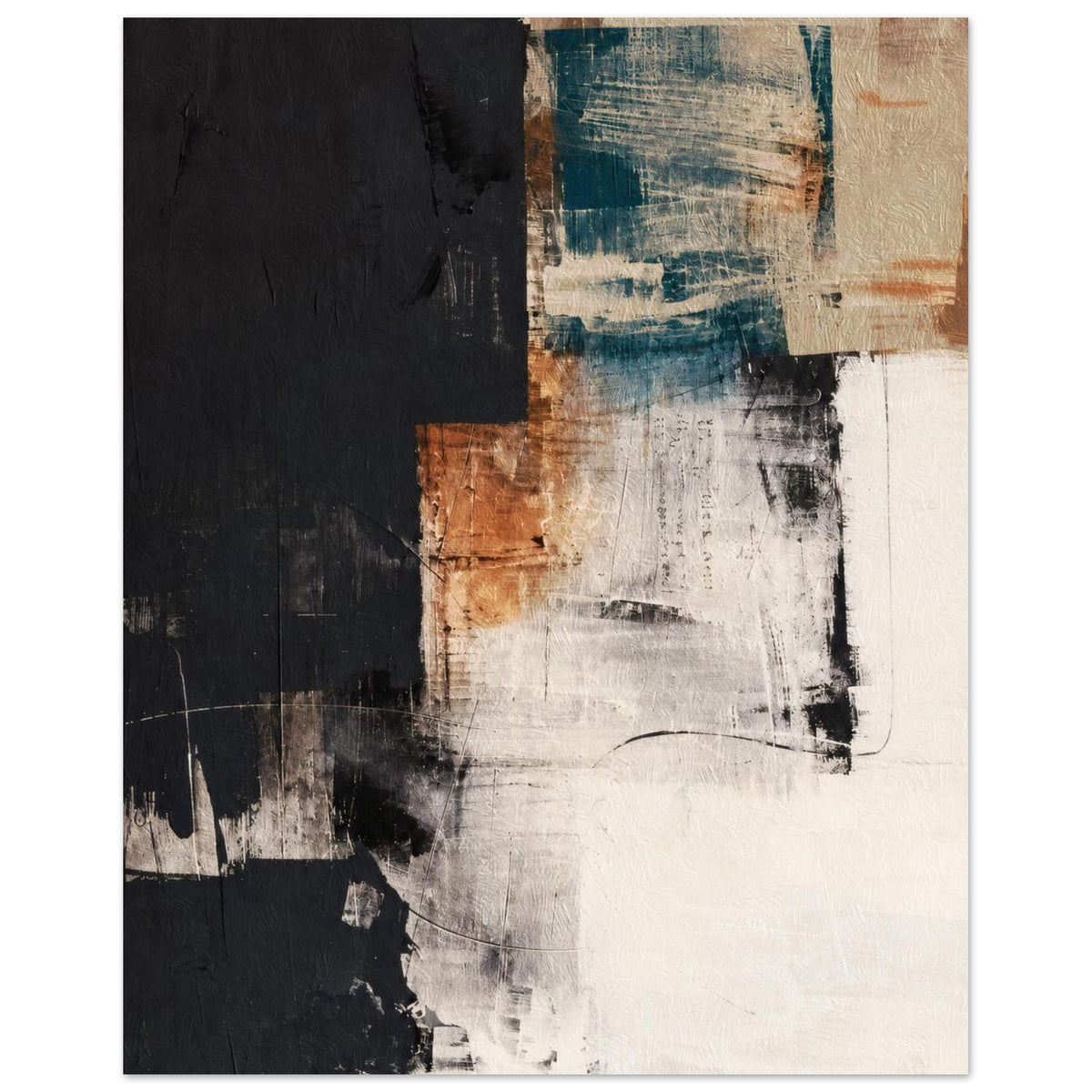 Modern abstract poster print in teal, terracotta, black and cream with a mineral finish