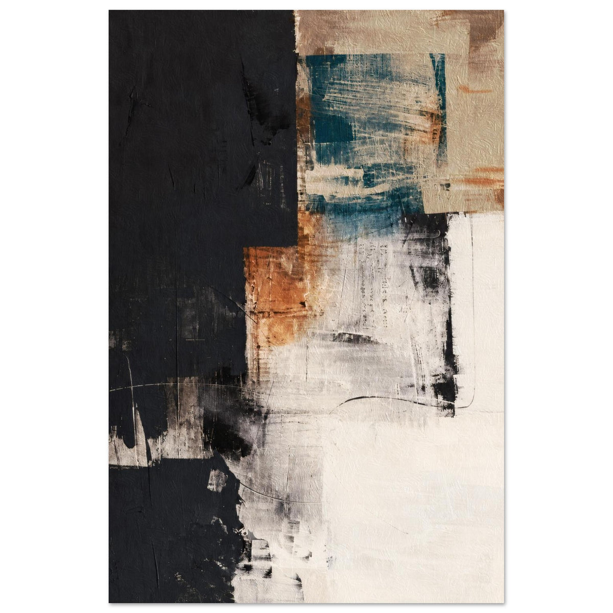 Mineral Dialogue abstract art poster with a black field, teal and terracotta brushstrokes and weathered cream texture
