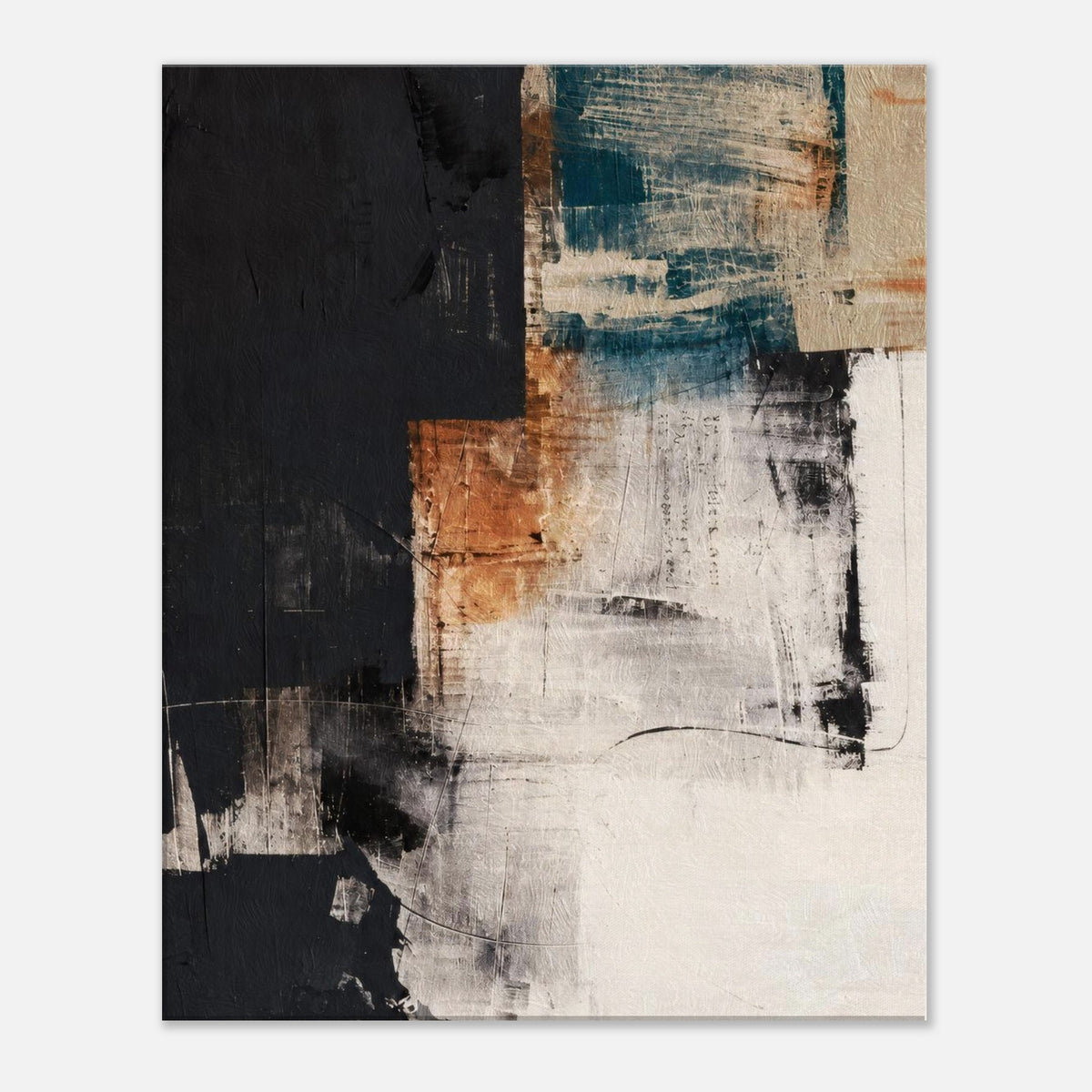 Mineral Dialogue abstract canvas wall art with a black field, teal and terracotta brushstrokes and weathered cream texture