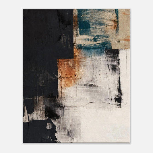 Mineral Dialogue abstract canvas wall art with a black field, teal and terracotta brushstrokes and weathered cream texture