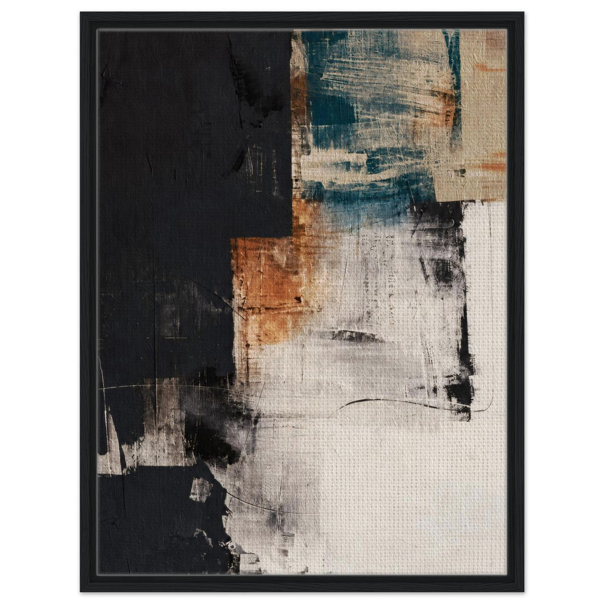 Mineral Dialogue abstract framed canvas in teal, terracotta, black and cream in a slim black floating frame