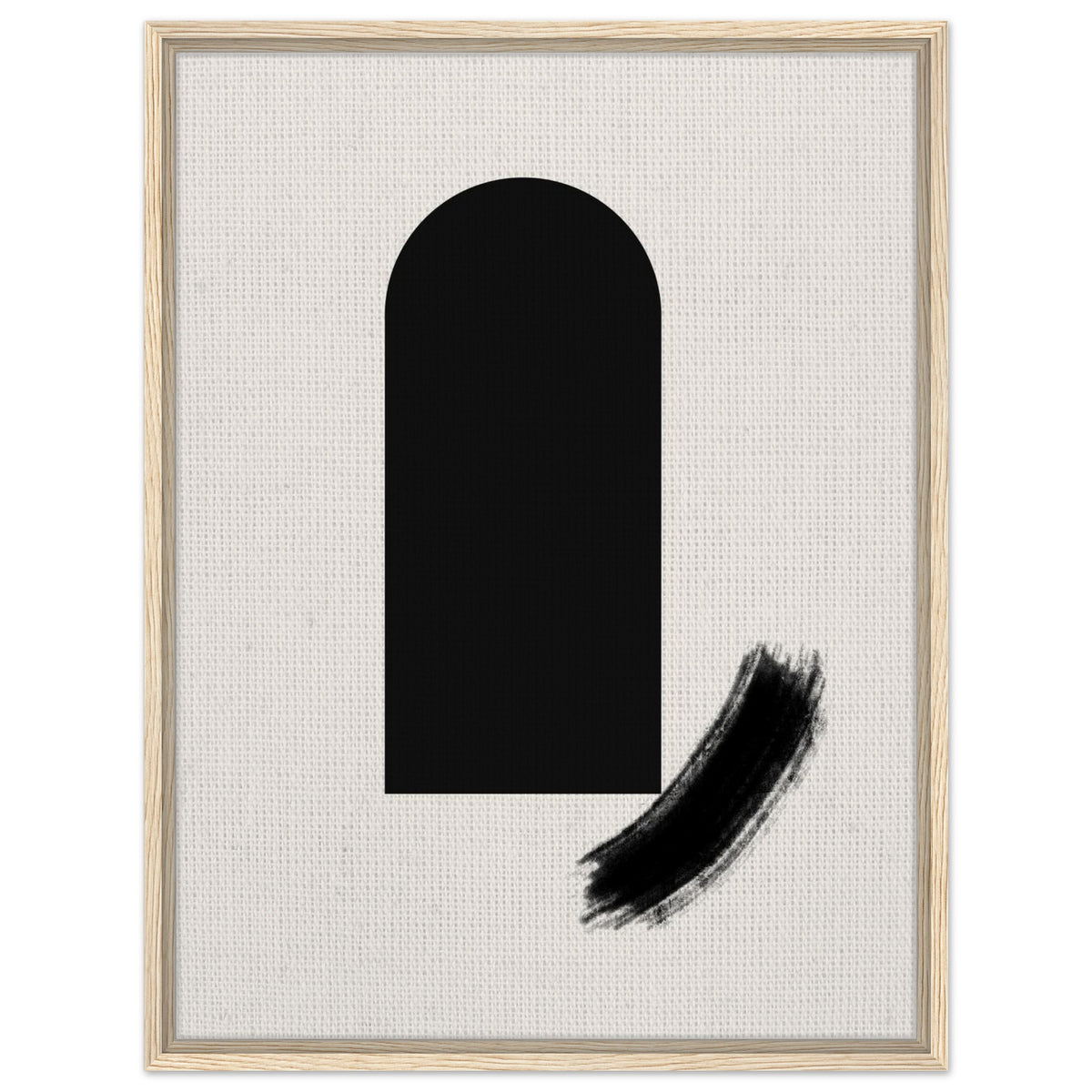 Minimal black arch artwork with curved brushstroke in a natural wood frame
