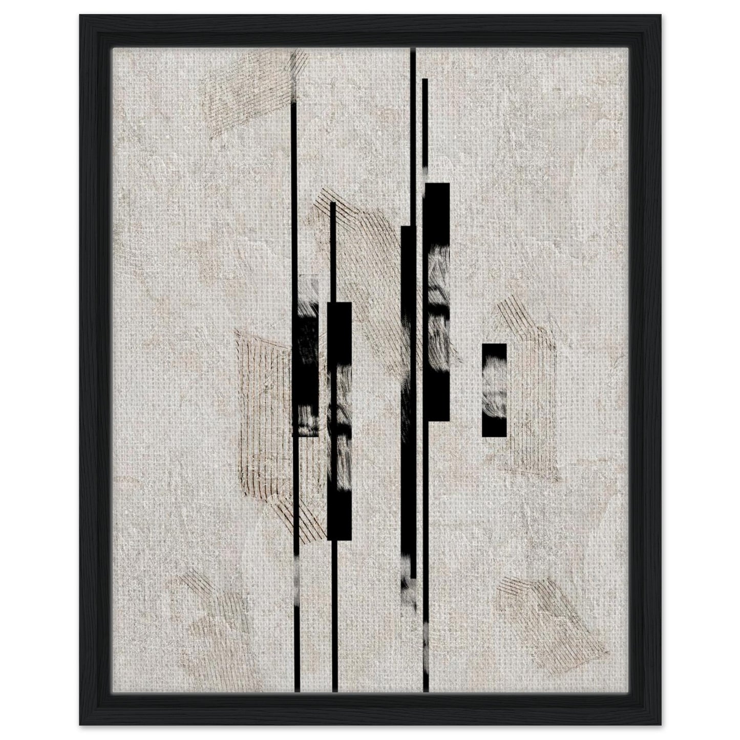 Minimal architectural print with structured black details in a natural wood frame