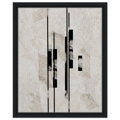 Minimal architectural print with structured black details in a natural wood frame