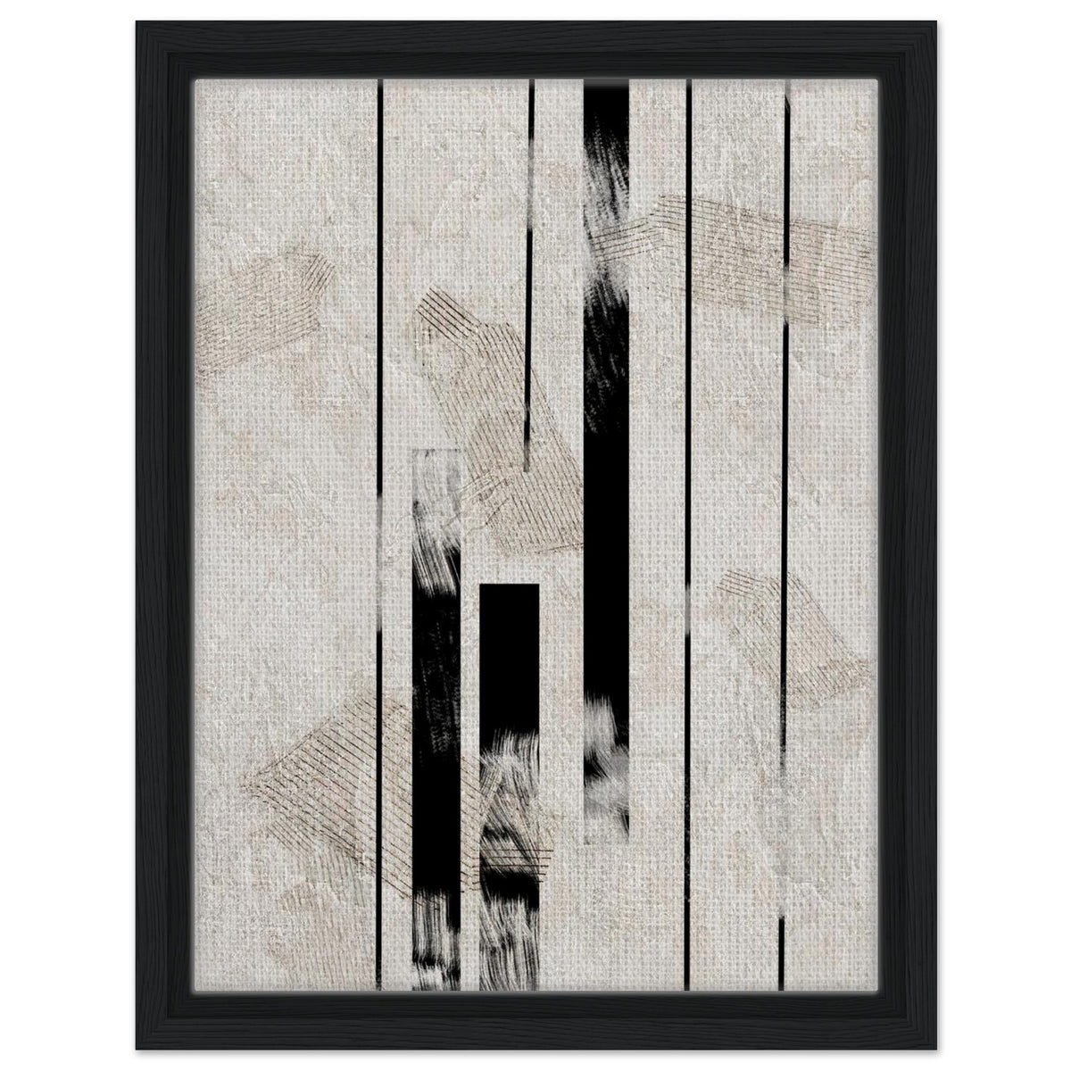 Minimal black and beige abstract art with structured vertical lines in a black frame