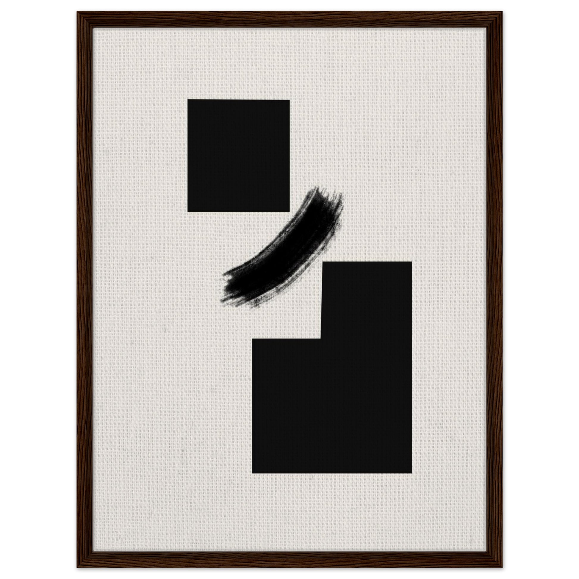 Minimal black form artwork with strong geometric composition in dark wood frame